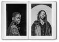 Open photography book "Faces and Phases" by MACK showing black-and-white portraits and artistic photo layouts on pages.