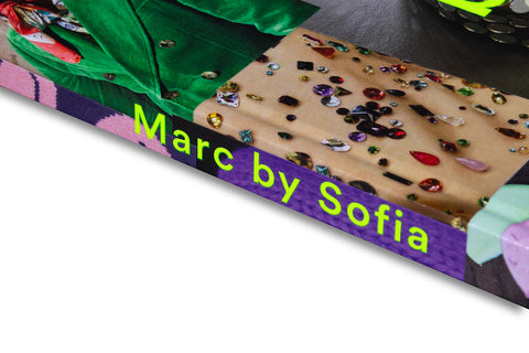 Close-up of the cover of Marc by Sofia film book, featuring detailed artwork and branding by A24.