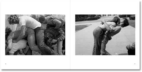 Open photography book titled "American Teen" by Important Flowers, showing black-and-white images and handwritten notes.